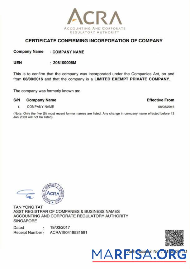 Blank Singapore Certificate of Incorporation download for verification